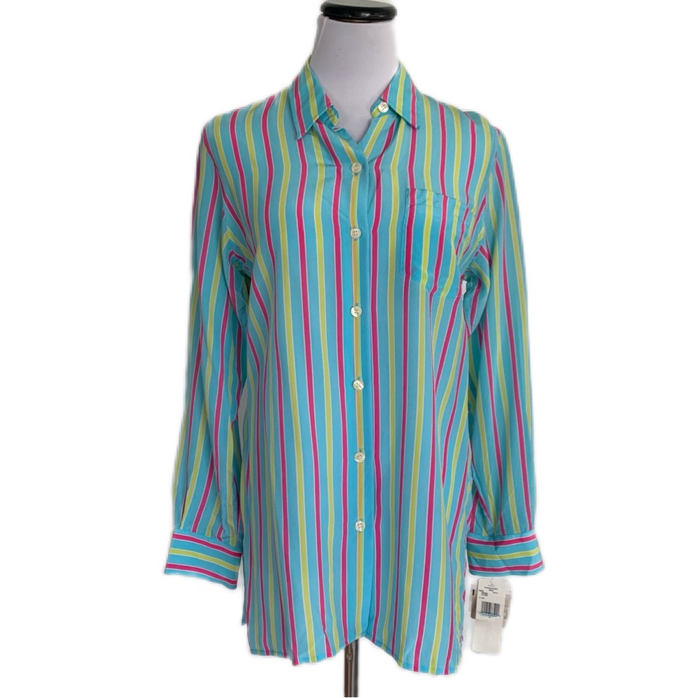 Evan-Picone Womens SZ 6 Silk “Maui” Aqua/Pink/Yellow Button Down Blouse | NWT